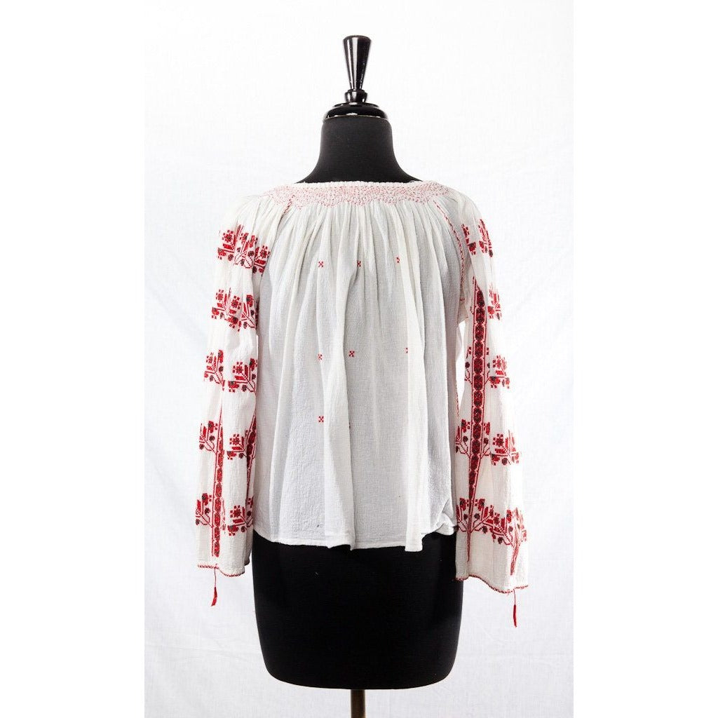 Vintage 1975  Women’s Handmade Romanian Embroidered Blouse Red Black White Cotton S