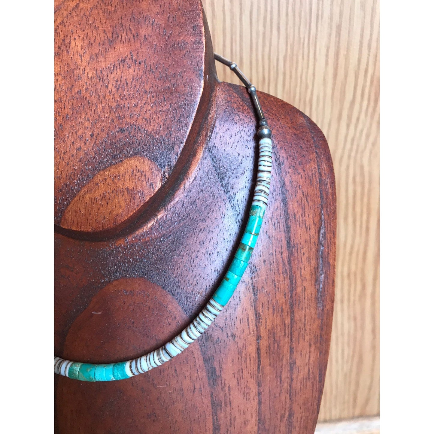 Vtg Heishi Necklace Shell Disc & Turquoise Beads With Sterling Silver Ball And Tubes Towards The Clasp