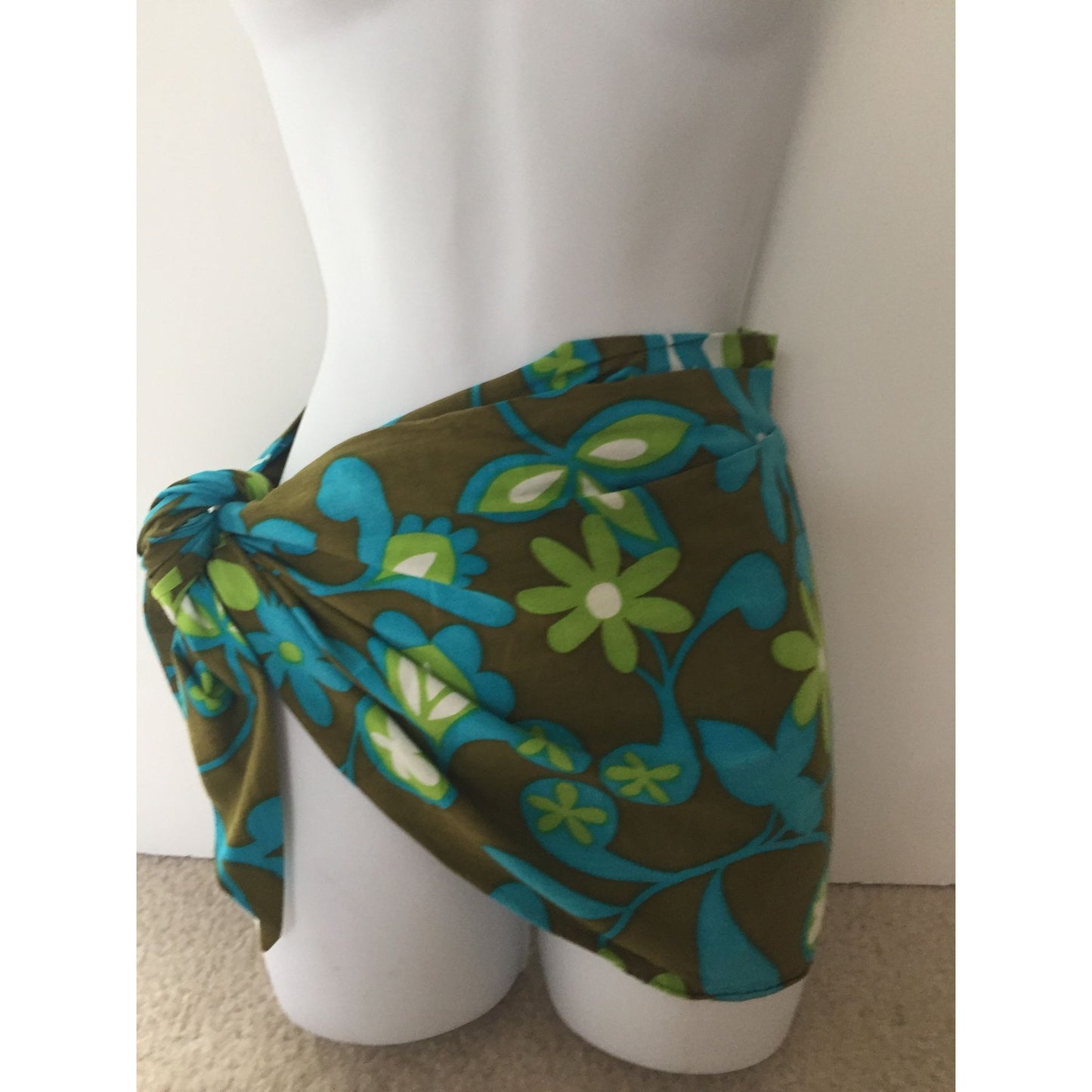 Vtg 1970’s Sarong Skirt Bathing Suit Sarong Green Blue Flowers Flower Power Hippie Tie One Size