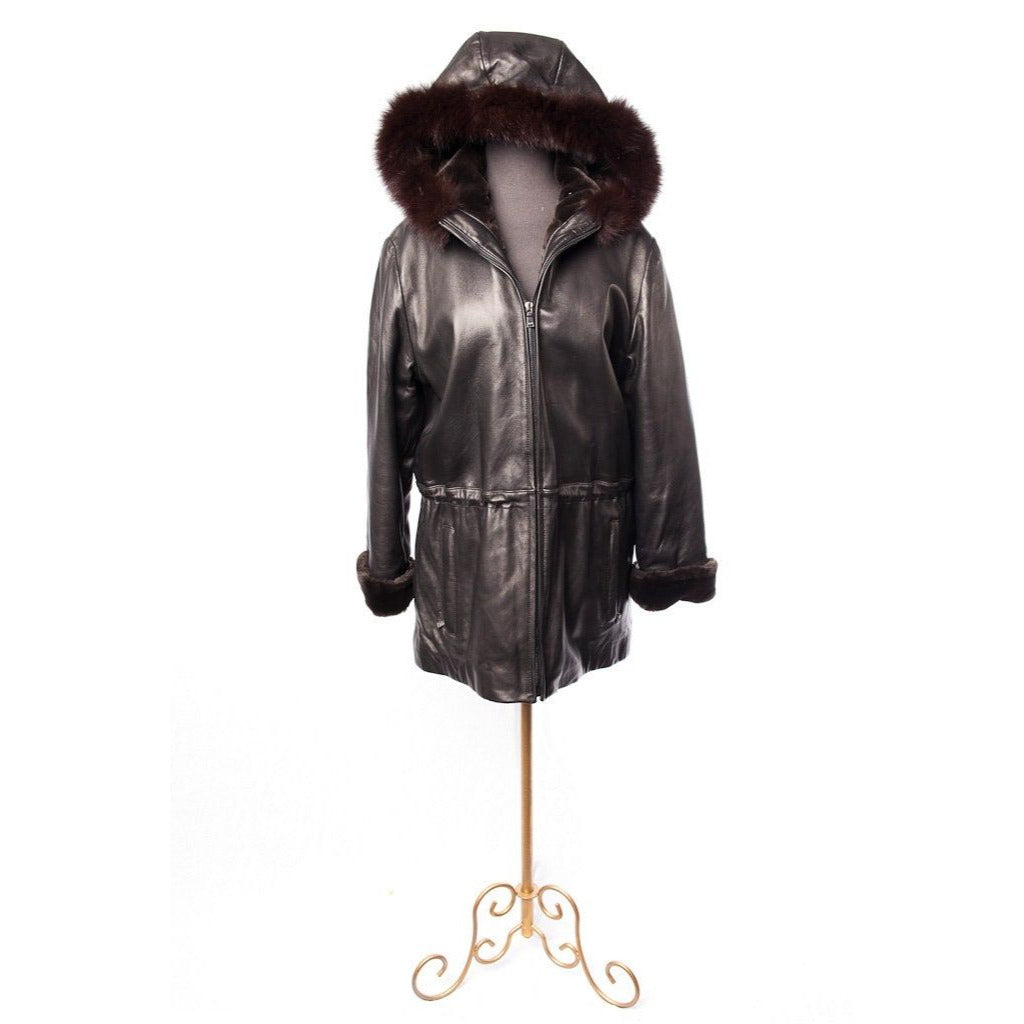 Women’s MARC NEW YORK Andrew Marc Leather Coat Hood Black Faux Fur M