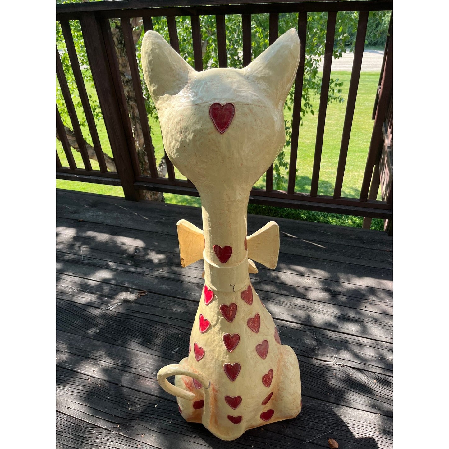 Vtg 50's-60's Jeanne Valentine Paper Mache Cat Of Hearts Sculpture Handmade Folk Art Mexican Tlaquepaque Mexico 42" Original Label On Base