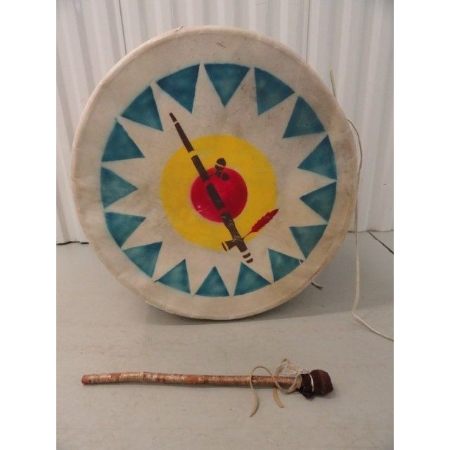 Vtg 1970's Large Drum 20 1/4" Wide Made With Rawhide Skins & Leather With Drum Stick Painted With A Pipe Image