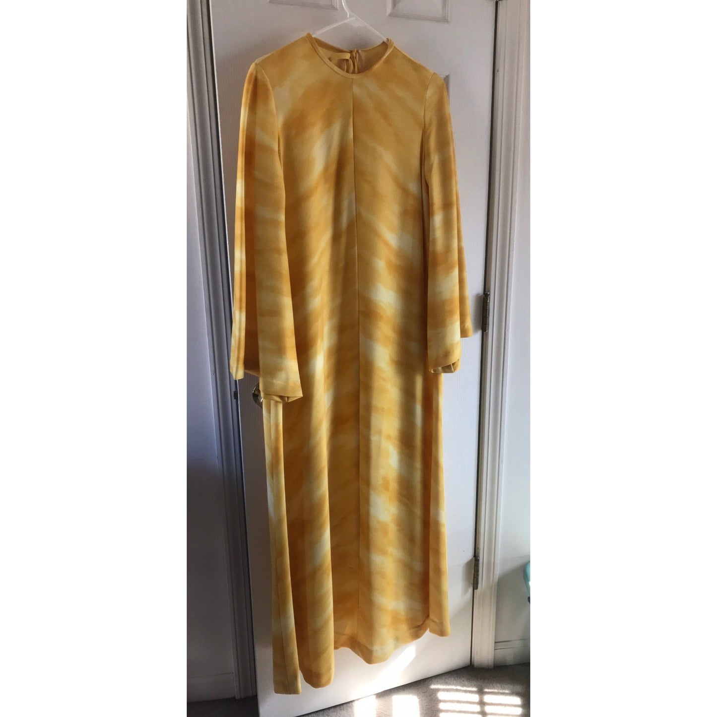 Vtg 1970's Avon Family Fashions Yellow White Tie Dyed Maxi Dress & Shawl Bell Sleeves Boho Hippie L