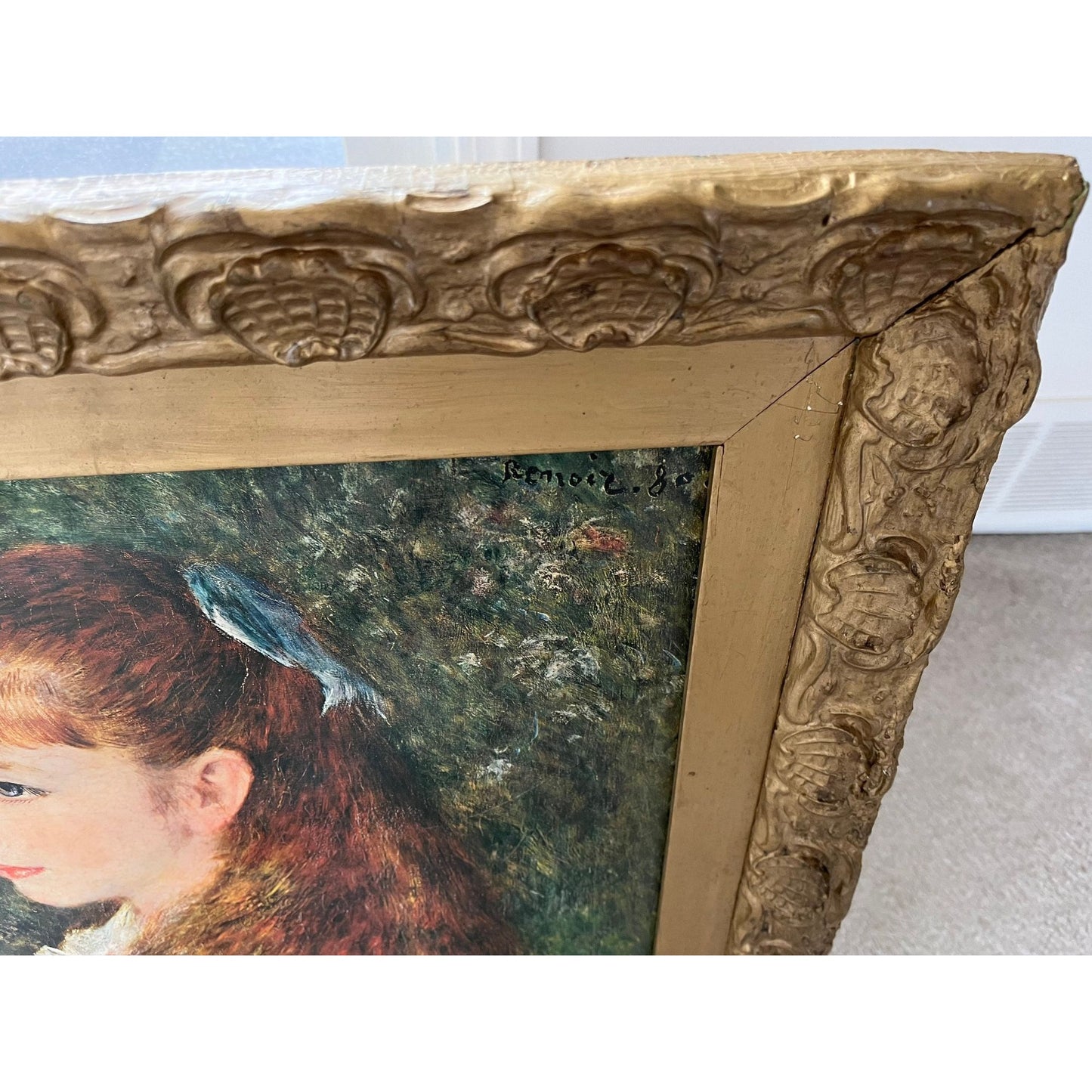 Antique Gold Leaf Ornate Shell Pattern Wooden Frame Picture Of Miss Irene Cahen d'Anvers By Pierre Auguste Renoir Renoir