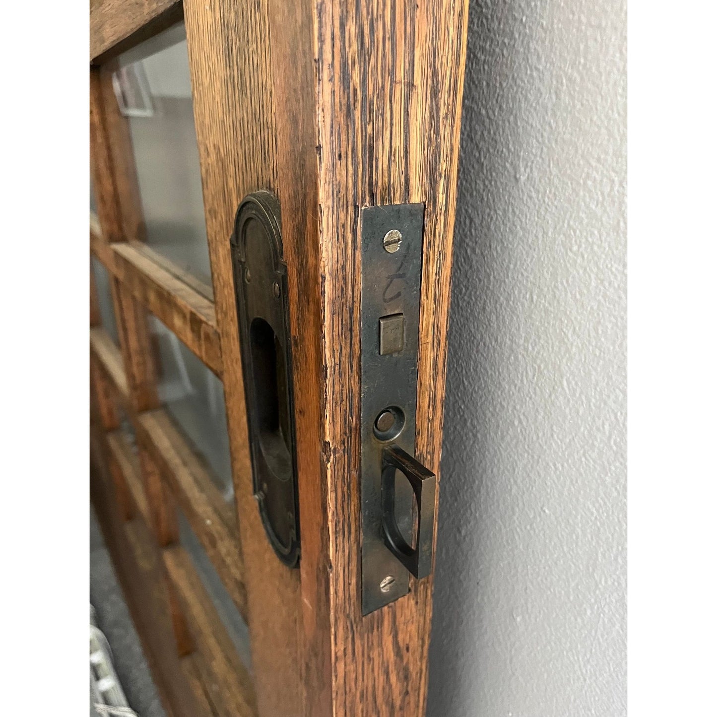 Antique 1930's Pocket Door Solid Oak With 36 Panes Of Individual Beveled Glass Reclaimed From a Mansion In Detroit MI