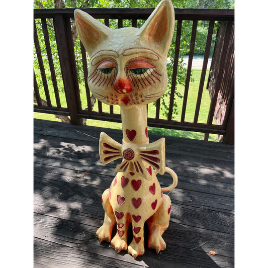 Vtg 50's-60's Jeanne Valentine Paper Mache Cat Of Hearts Sculpture Handmade Folk Art Mexican Tlaquepaque Mexico 42" Original Label On Base