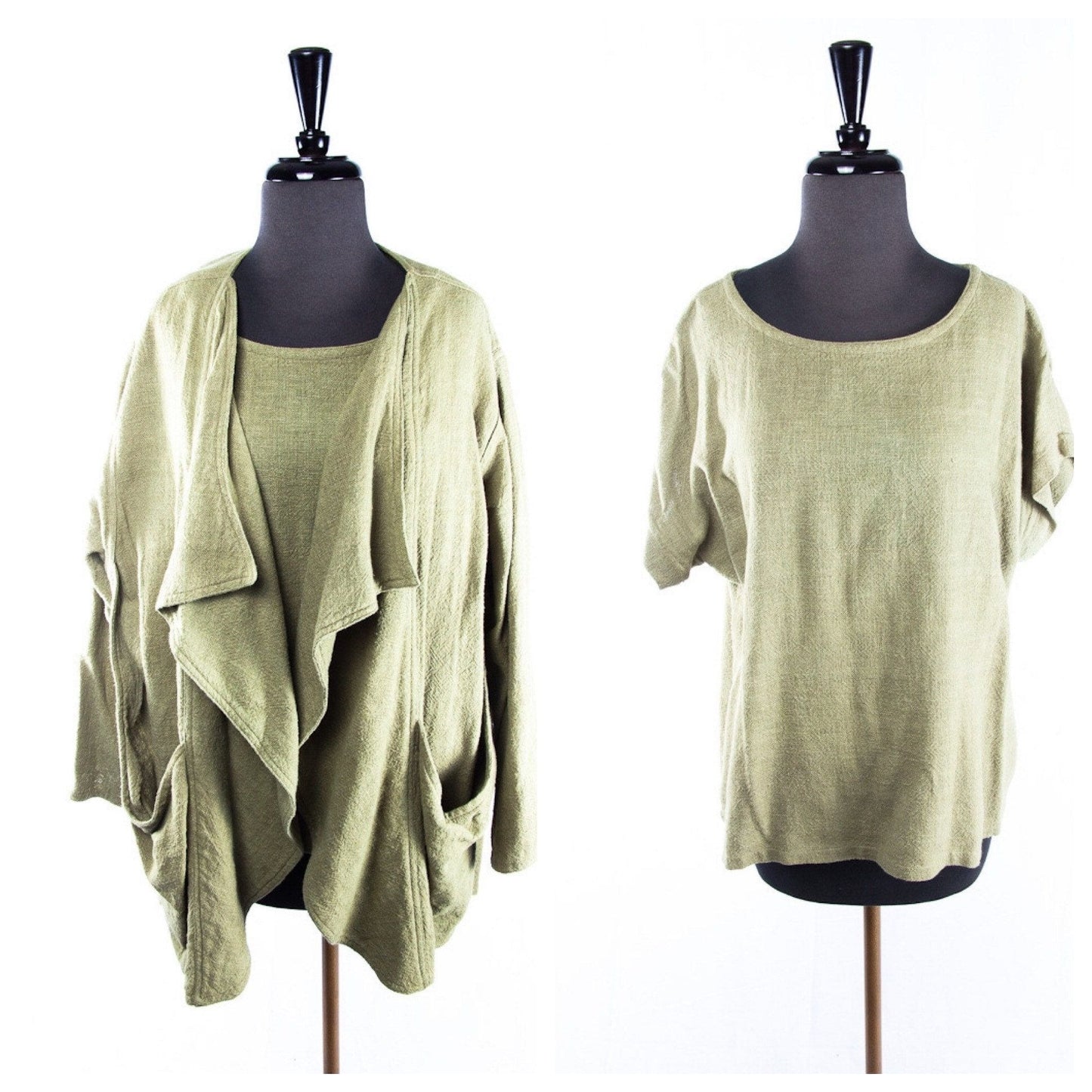 Vtg 1970's Sangam Imports Moss Green Top & Matching Jacket Made In India Size L 100% Cotton