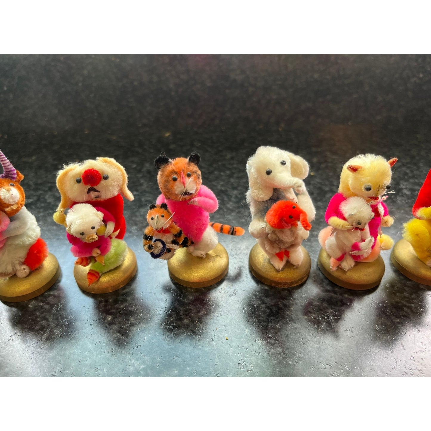 Vtg Set Of 12 Handmade Chenille Animals Mother & Child 2" Figurines Amazing Details One Of A Kind