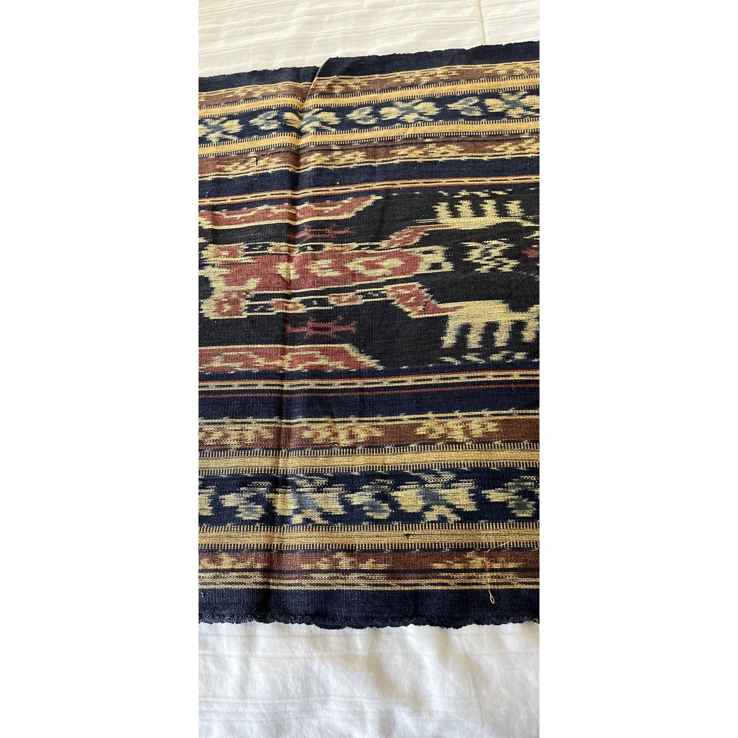 Vintage Museum Quality Sumba Ikat Wall Hanging Natural Dyes Tribal Figures Indonesia Hand Twisted Fringe Blues Browns