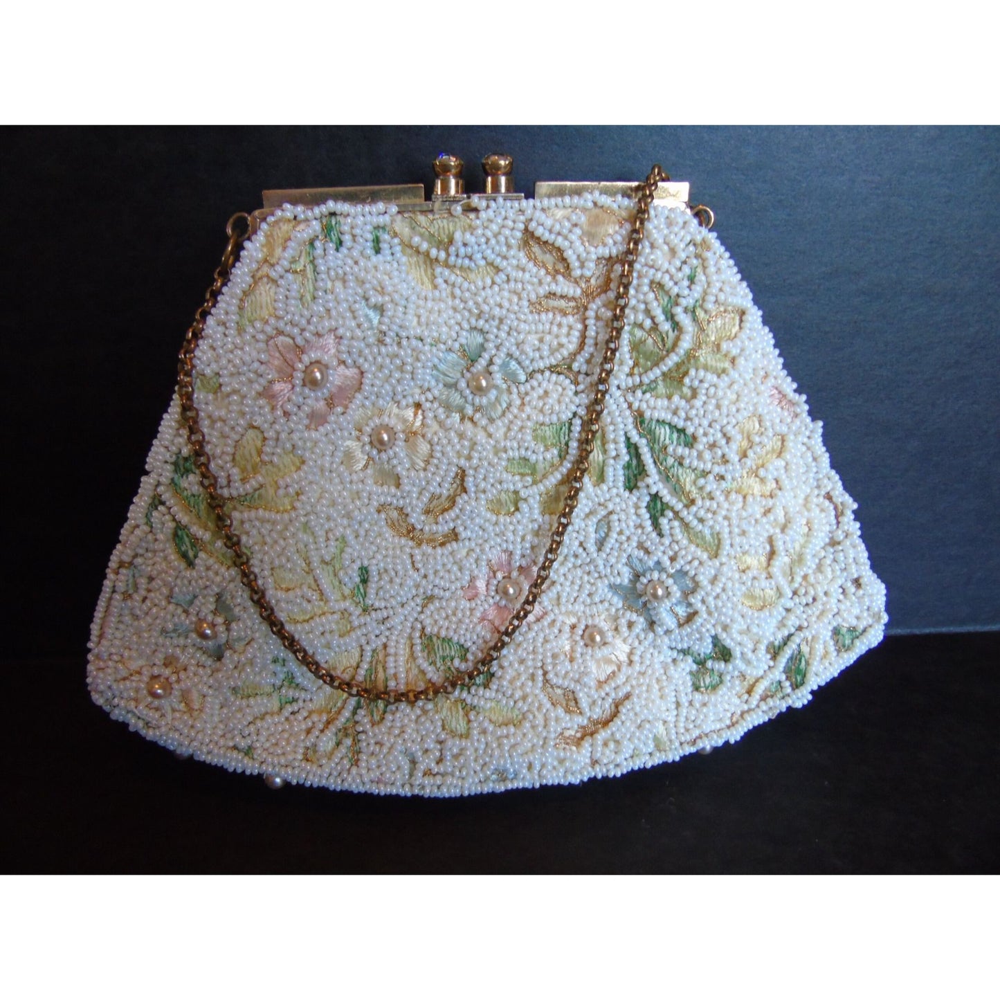 Vintage 1950's Jolles Original Embroidered Purse Beaded Evening Bag Mirror