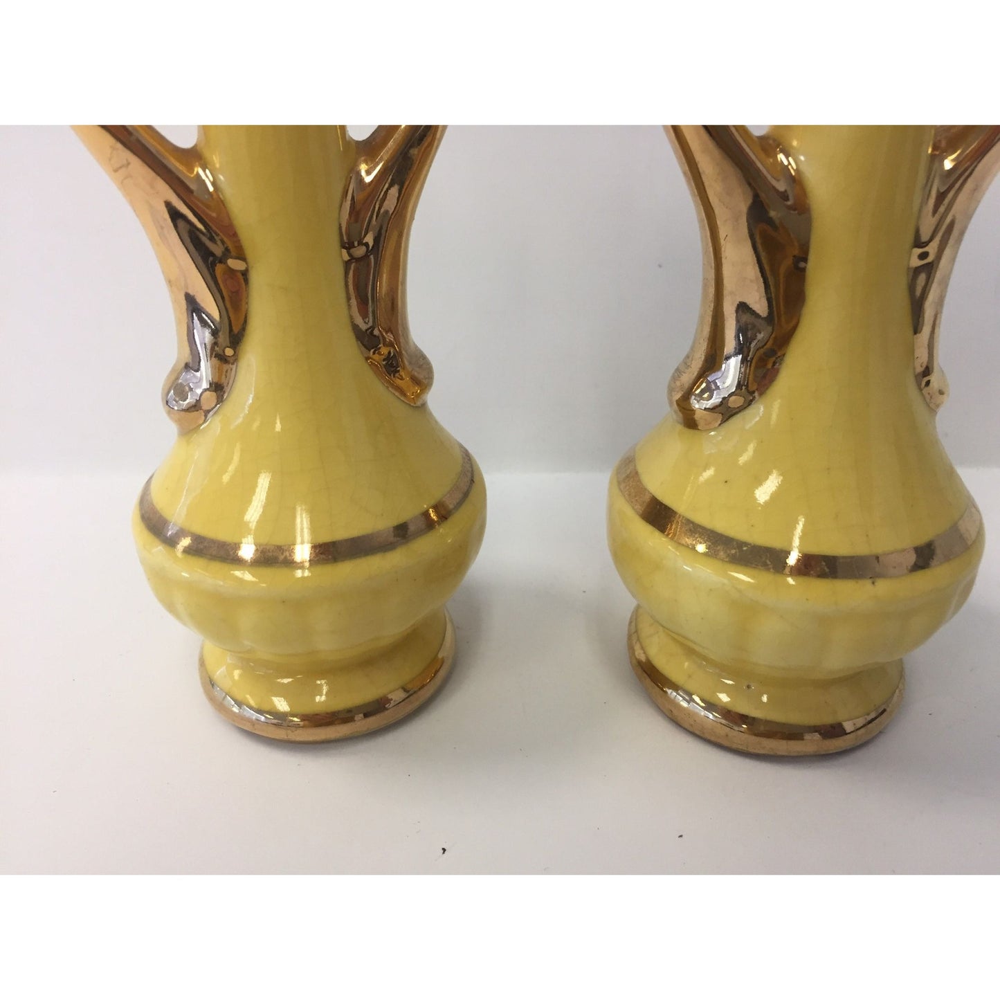 Vintage 1940's Chic Pottery Zanesville Ohio Two Spill Vase Bud Vase Urn Yellow Gold Handles 6' x 3"