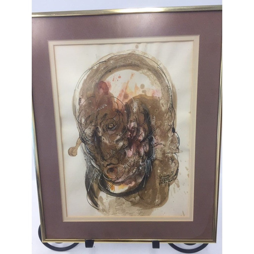 Abraham Ramirez Painting "A Face", Watercolor And Ink On Paper, Signed '71 Mexico