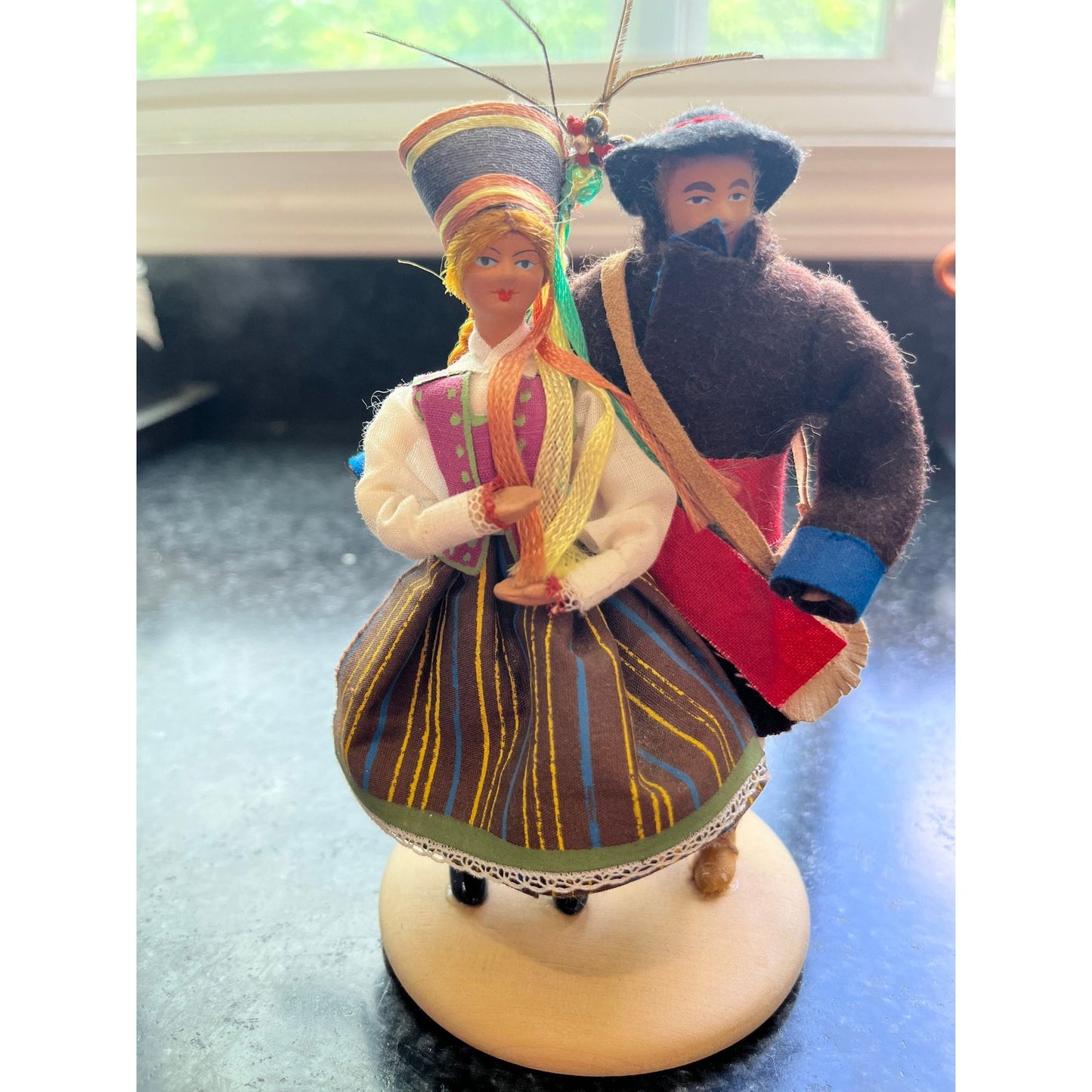 Vtg Polish Lalki Ludowe Oberek Costume Dolls Approx 7" On Round Wooden Stand Labeled & Stamped