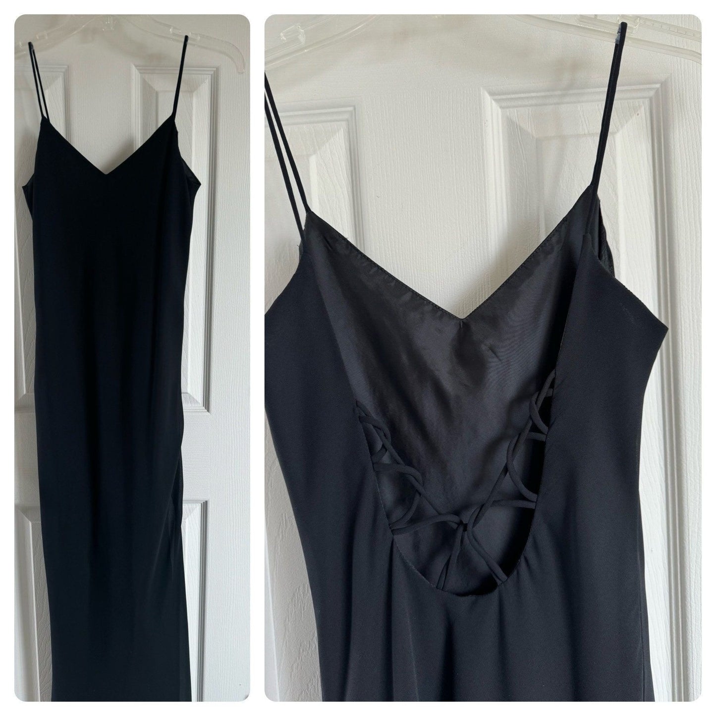 Vintage Hampton Nights Black Maxi Dress Full Length Spaghetti Straps Vents On Each Side 20" Open Back Loops Size 2