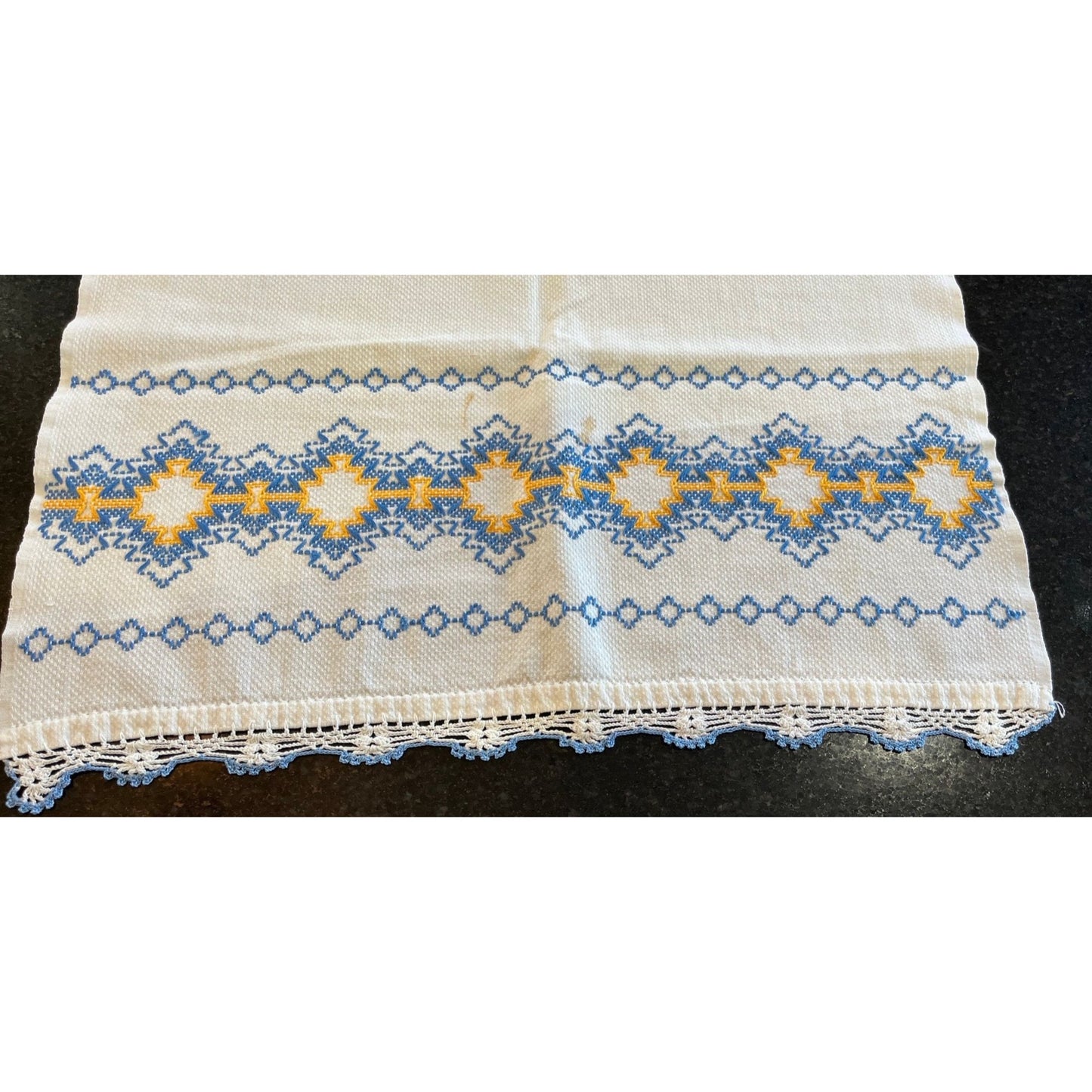 Vtg Handmade Romanian Decorative Table Runner Blue Yellow Hand Embroidered & Crocheted Folk Romanian Textile Intricate Pattern Cotton