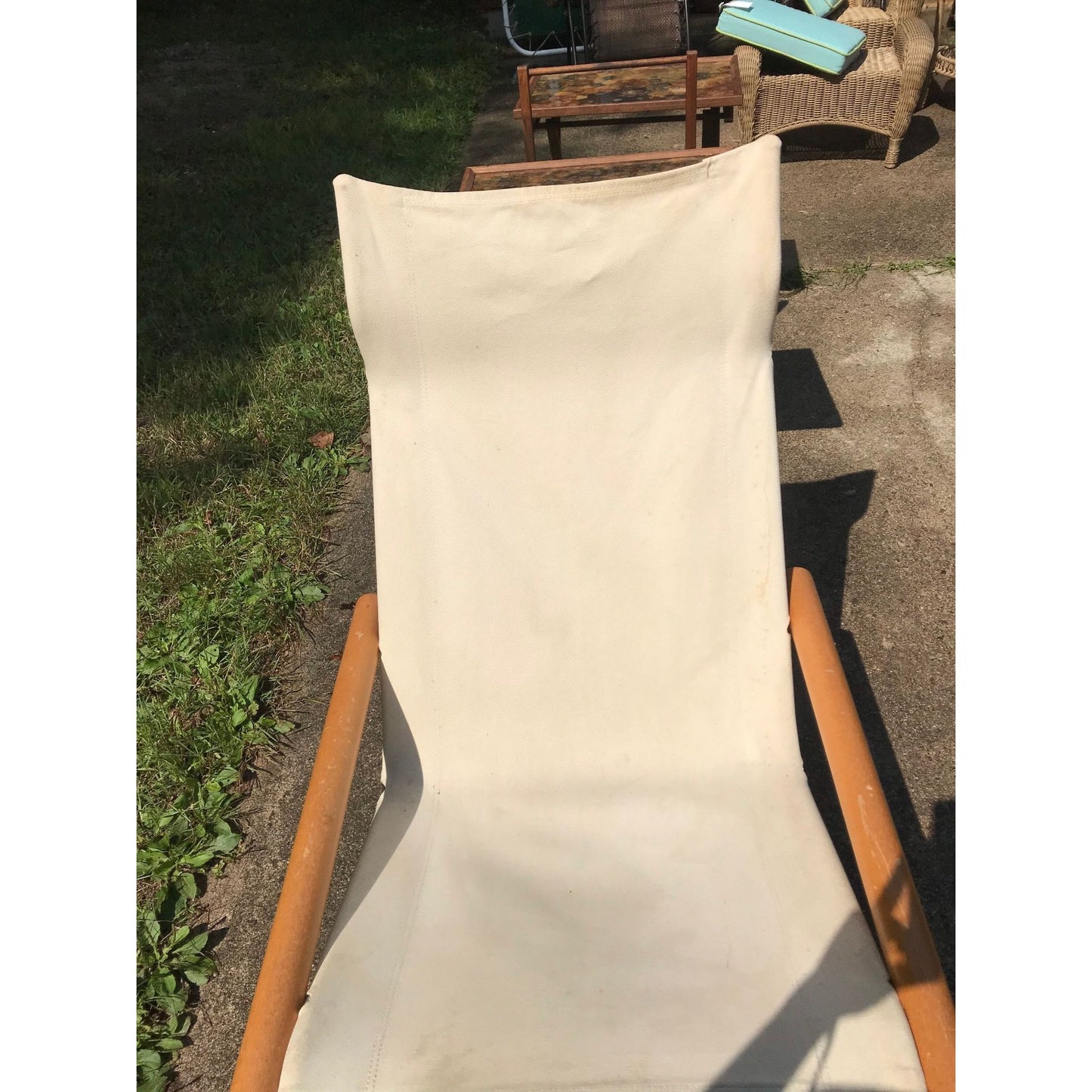 Mid Century Modern Thick Beige Canvas Fold Up Chair Round Wooden Handles Sits Low Metal Legs