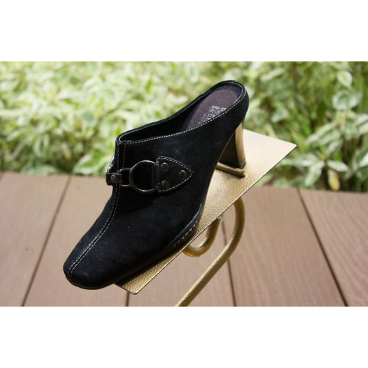 Women's Aerosoles Mules Slip On Black Leather Cinch Worm Silver Suede Uppers Size 6M Vintage