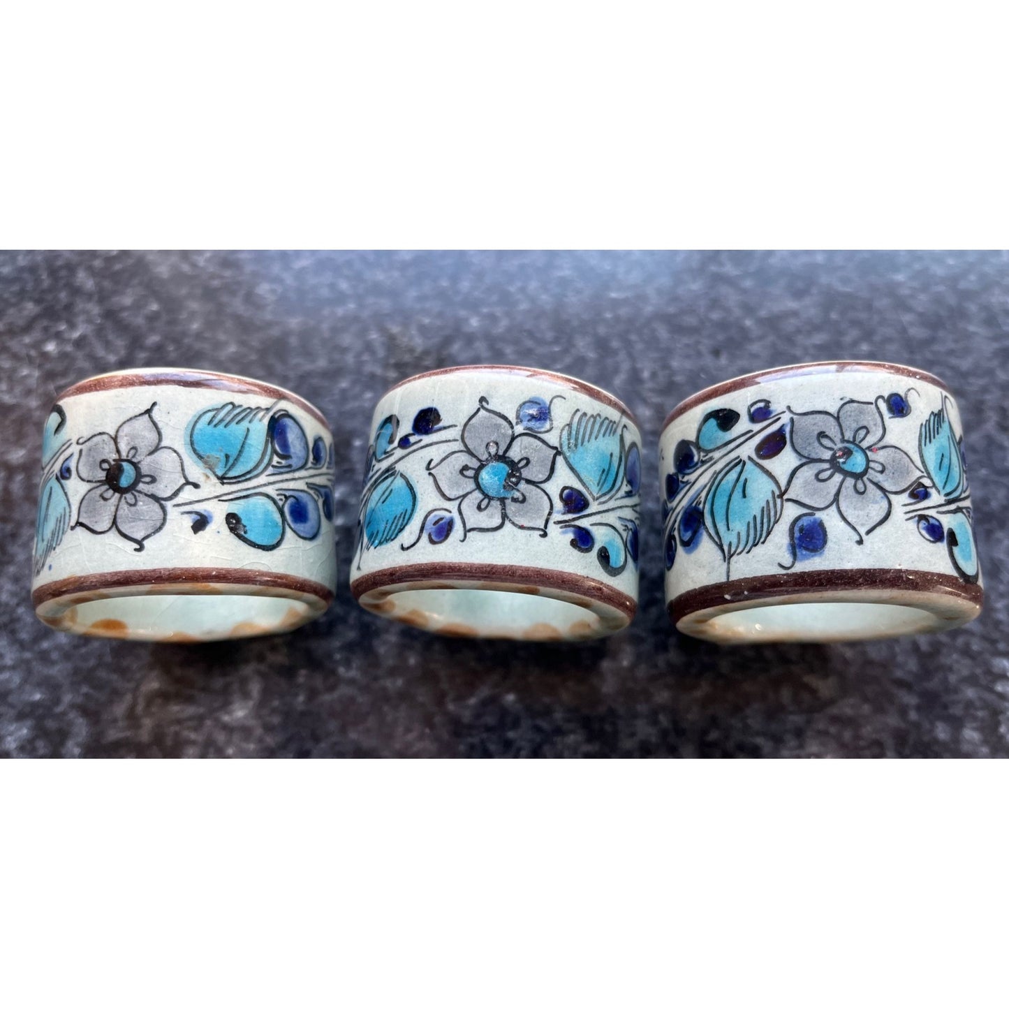 Vtg Three 15 CAT MEX Mexico Ceramic Handmade Napkin Rings 347 Meant To Stand Up Intricate Floral Design Blues Gray Brown