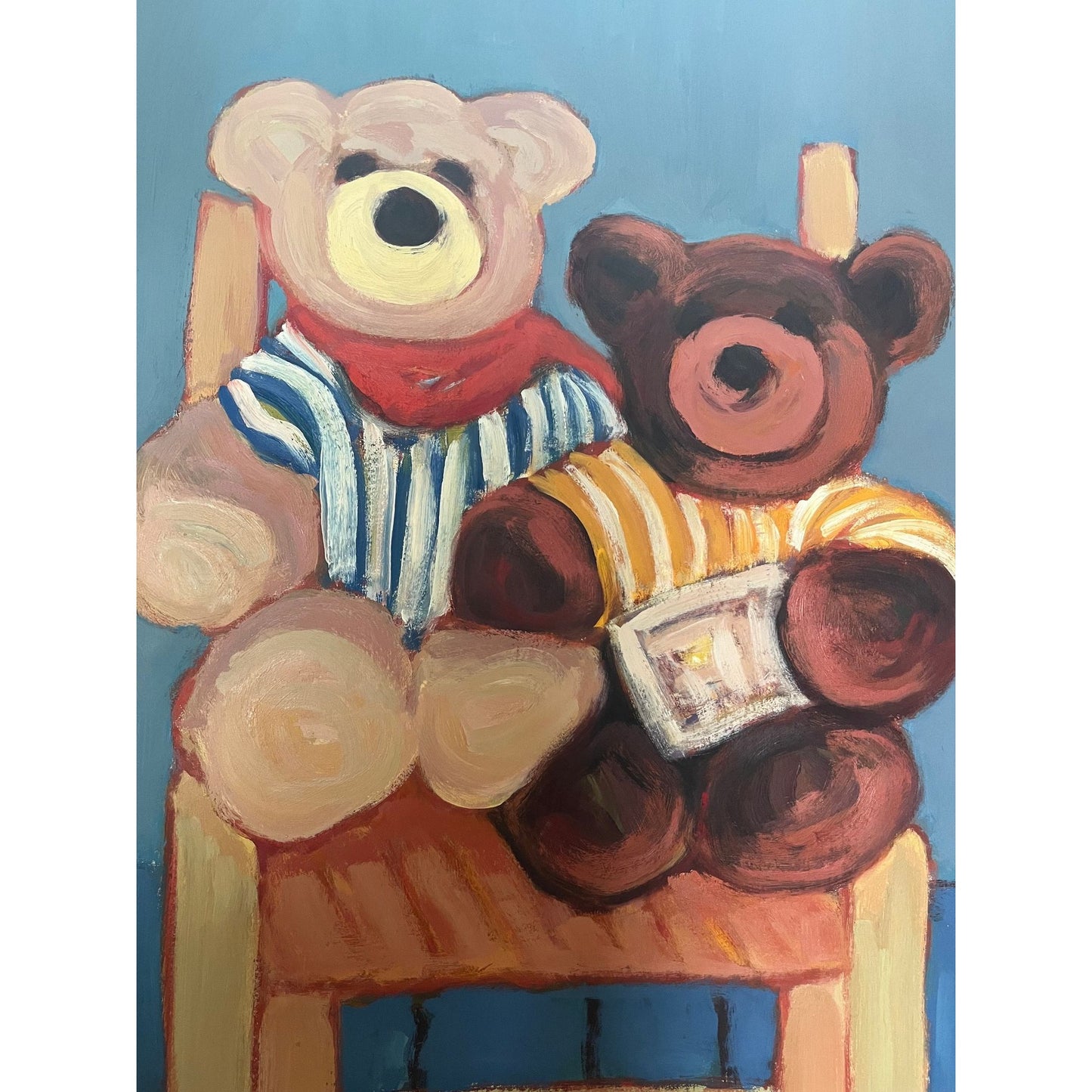 1986 Johanna Haas Oil Painting, "Two Teddy Bears Share A Chair", Signed Fine Art 28 1/2" x 21" One Of A Kind Blue Background