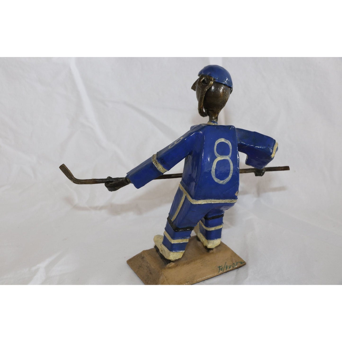 Vintage Metal Sculpture Hockey Player Number 8 Signed By Artist Handmade Hockey Stick