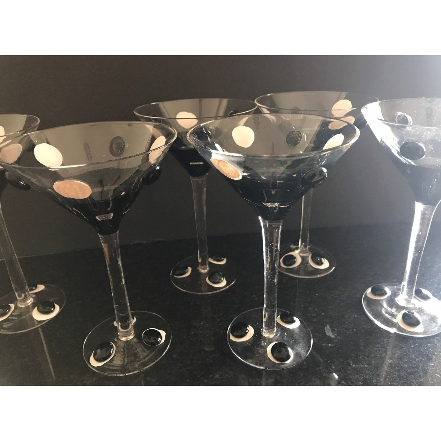 Vintage Handmade Black White Pop Art Set Of 6 Martini Glasses Holds 4 ozs. Art Glass One Of A Kind