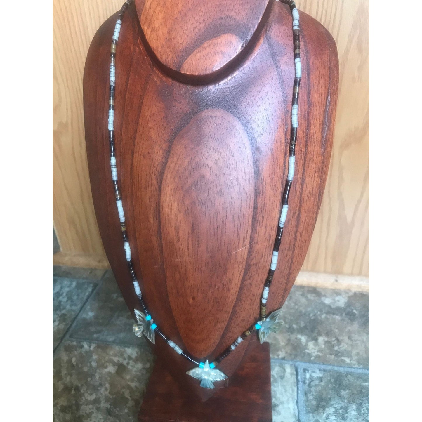 Vtg Zuni Necklace Native American Hand Carved Mother Of Pearl 3 Thunderbird Heishi Turquoise Beads