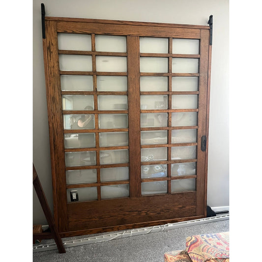 Antique 1930's Pocket Door Solid Oak With 36 Panes Of Individual Beveled Glass Reclaimed From a Mansion In Detroit MI