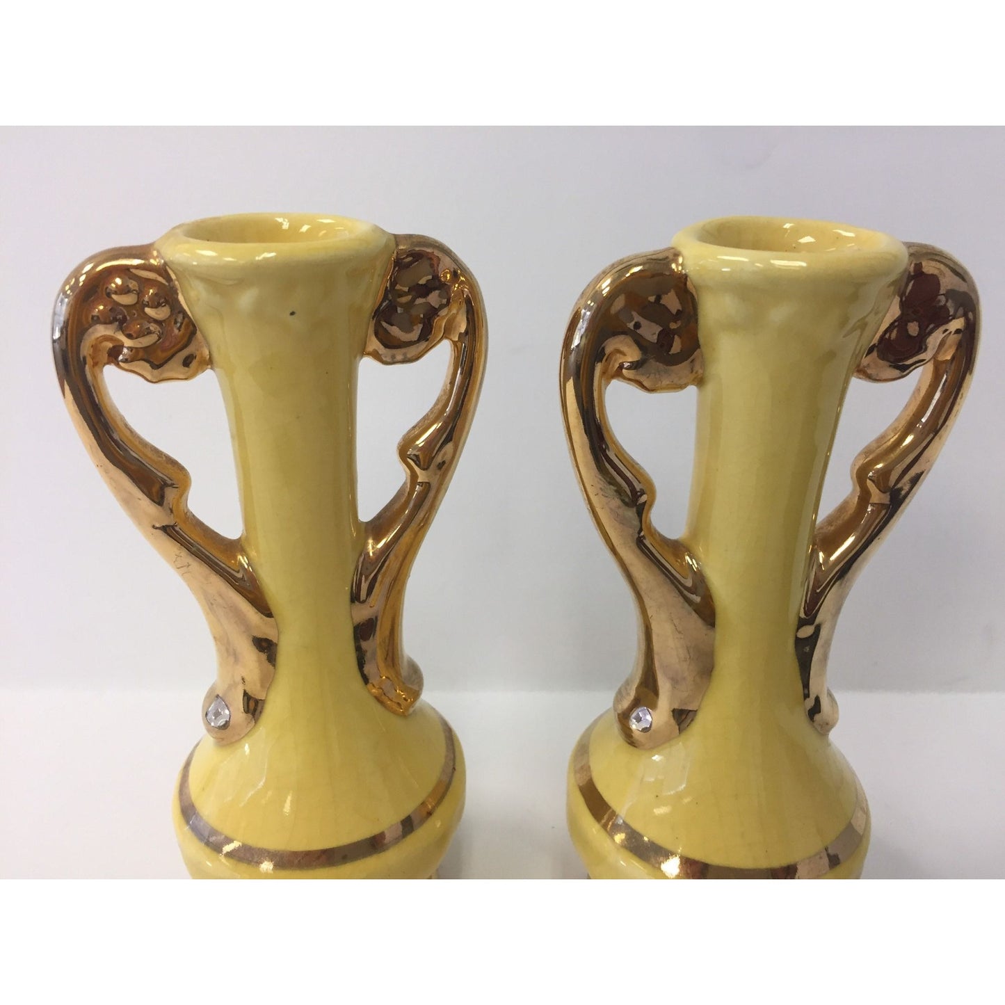 Vintage 1940's Chic Pottery Zanesville Ohio Two Spill Vase Bud Vase Urn Yellow Gold Handles 6' x 3"