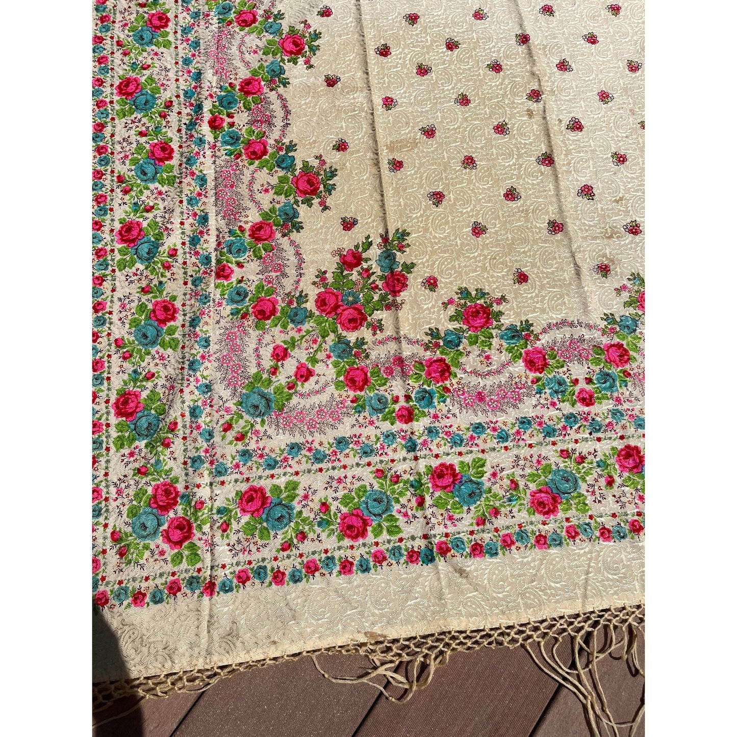 Antique 1909 Romanian Textile Art Wool Floral Shawl Hand Tied Fringe Floral Pattern Ivory Pinks Blues 128" x 43"