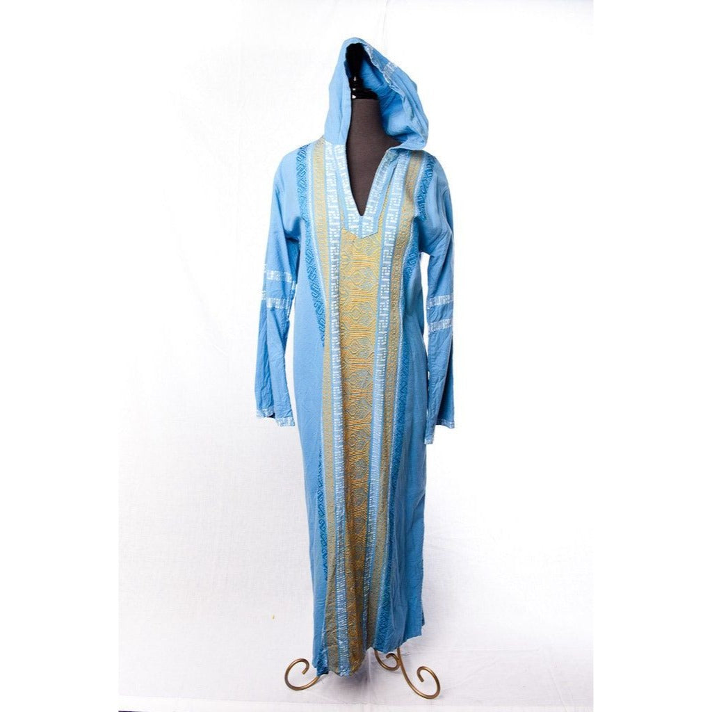 Vtg 1973 Alex Condarinis Designer Maxi Kaftan Dress Mykonos Greece Handmade Hand Dyed Blue Gold White Hand Woven