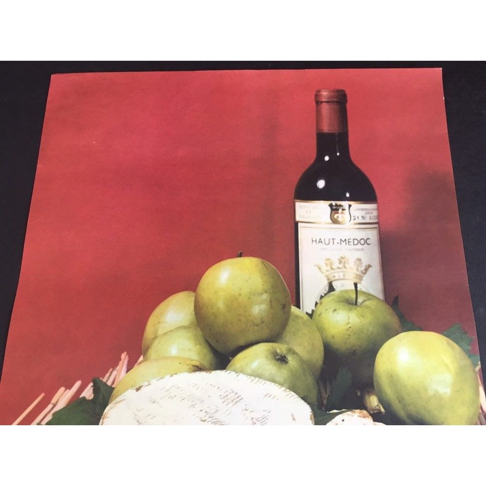 Vintage 1970’s Wine & Cheese Poster Art Pomme De France Haut Medoc Wine Camembet