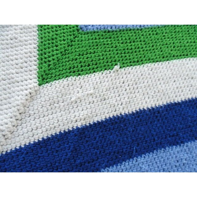 Vtg Very Large Handmade Crocheted Bedspread Afghan Blues Green White Square Pattern 116" x 102"