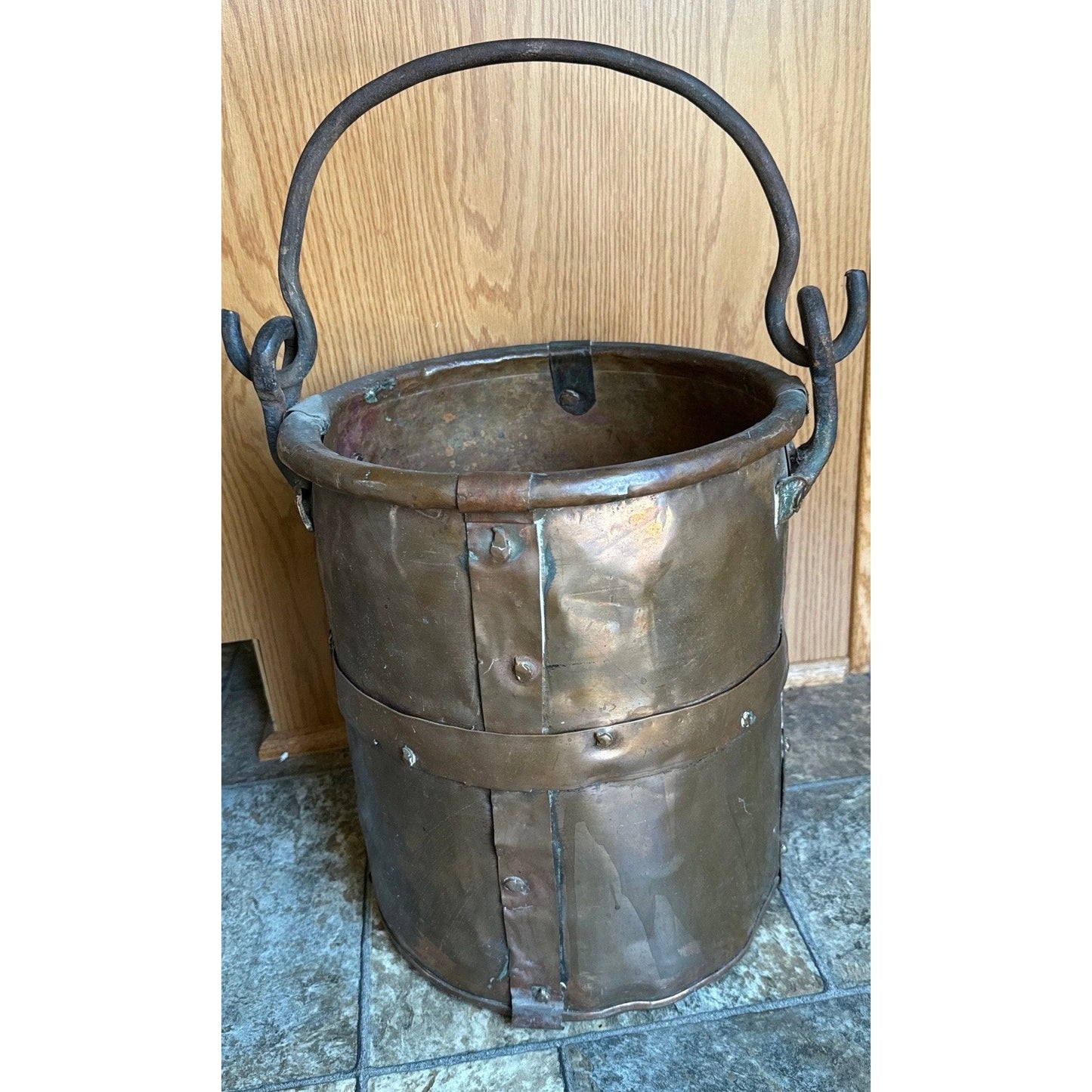 19th Century Copper Firewood Bucket Cauldron With Handle 13 1/2" Tall