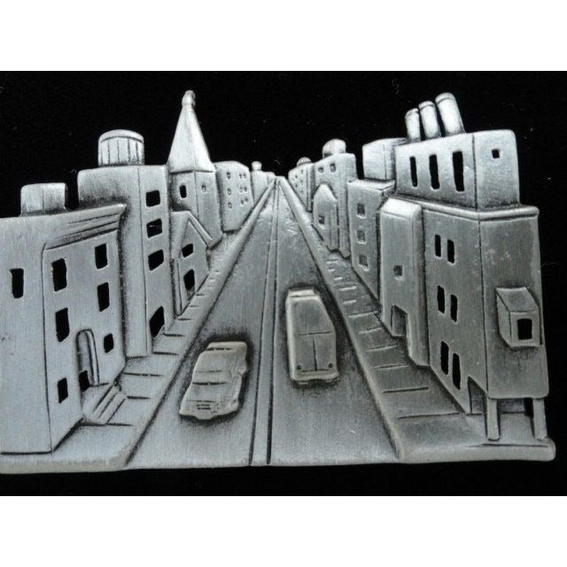 Vintage City Scape Urban Cars Street Pin Brooch Signed JJ Jonette Pewter Pin Art