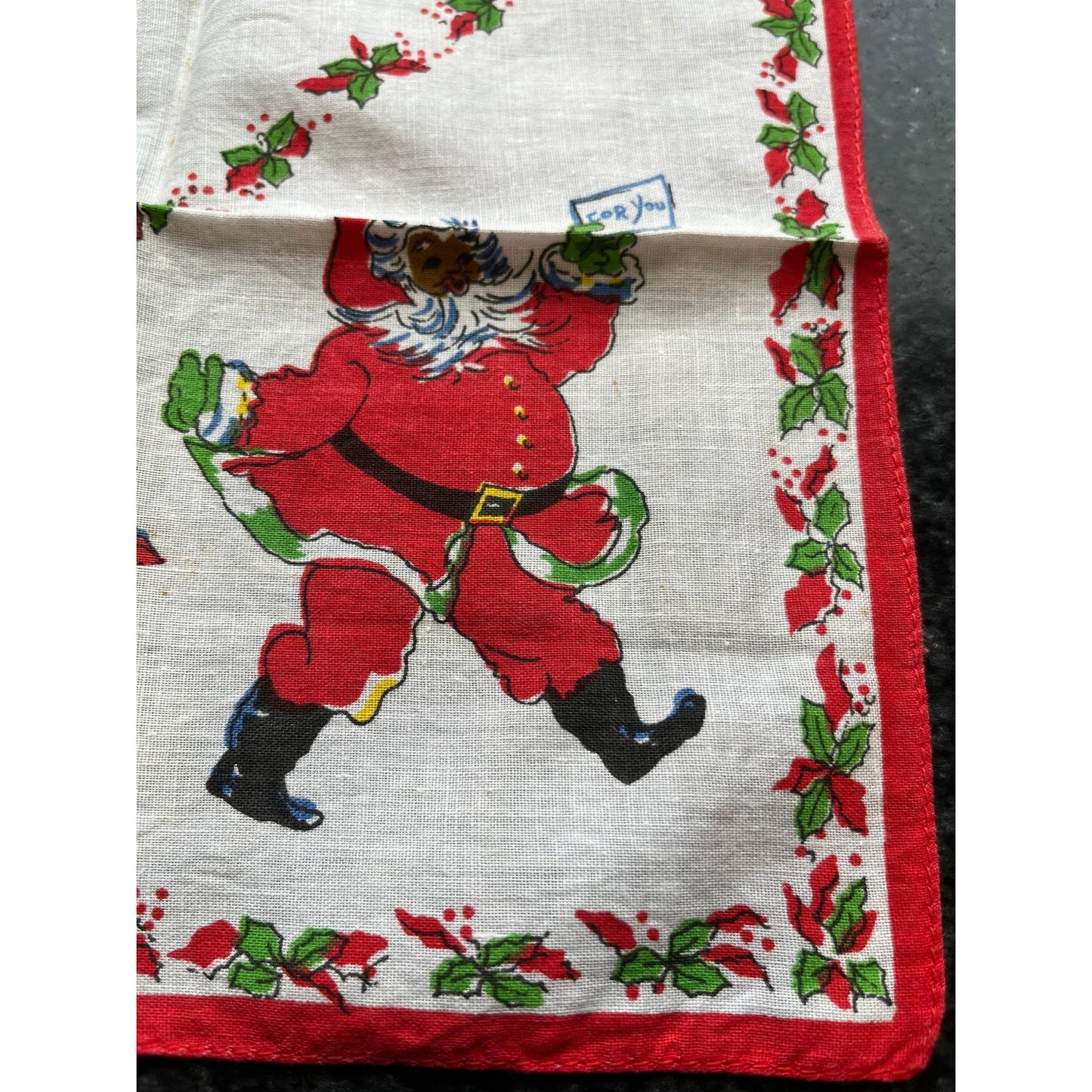 Vtg 1950's Christmas Black Santa "For You" Cotton Handkerchief Santa's Sled With Presents & Holly