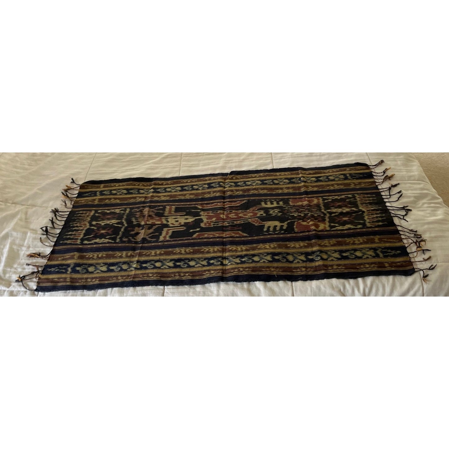 Vintage Museum Quality Sumba Ikat Wall Hanging Natural Dyes Tribal Figures Indonesia Hand Twisted Fringe Blues Browns