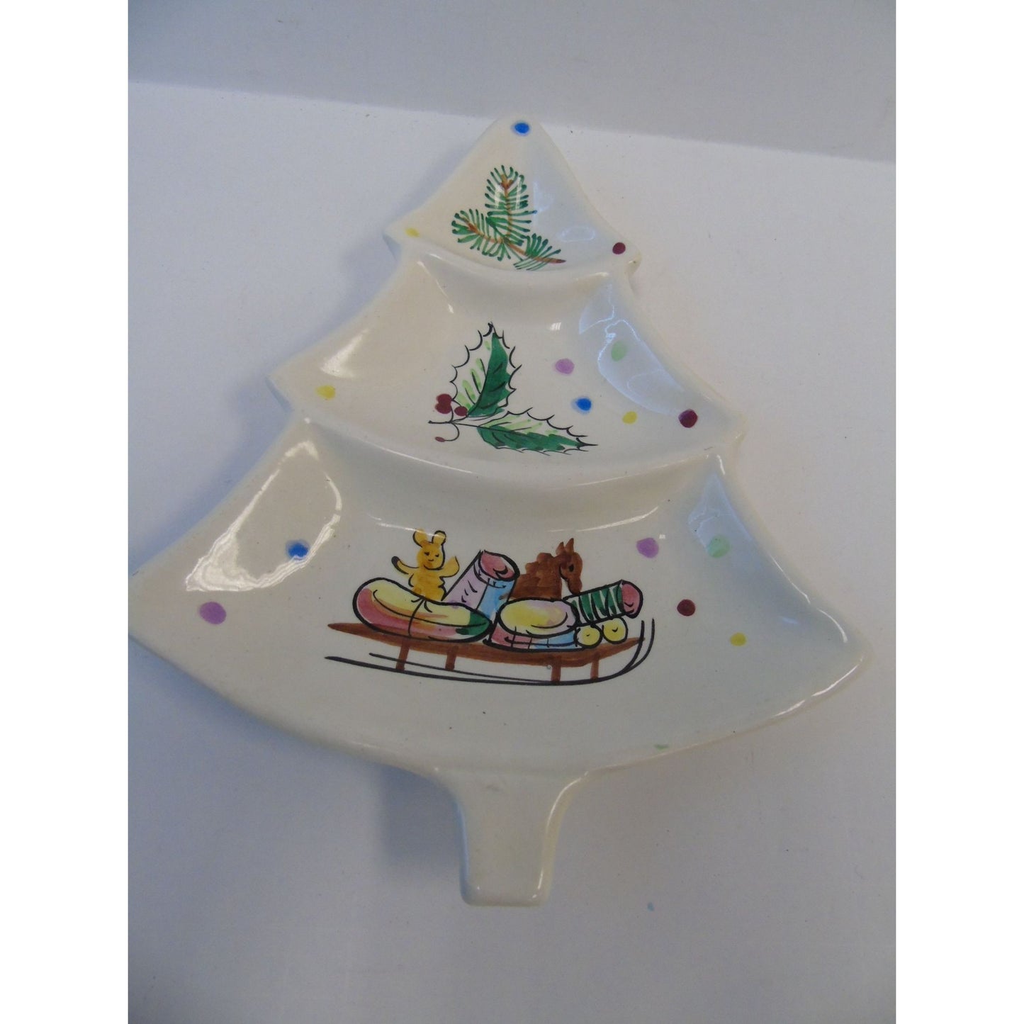 Vintage Ceramic Christmas Tree Serving Piece Hand Painted Made In Italy