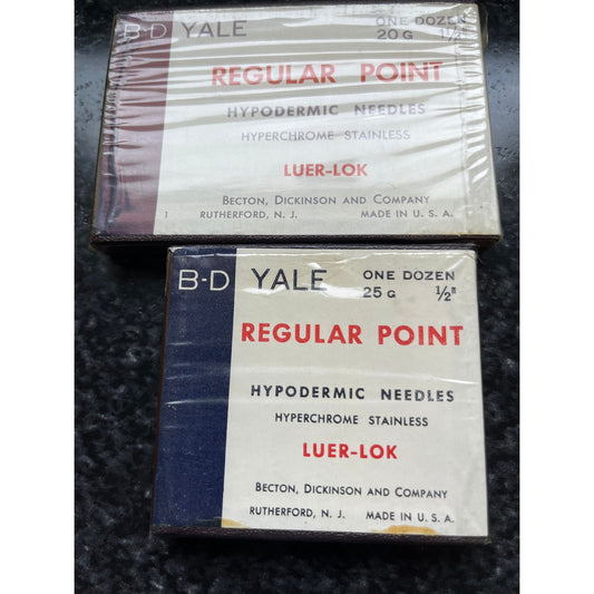 2 Unopened Box Of Vintage B-D Yale Hypodermic Needles LNR 25 G 1/2" & 20 G 1 1/2" Sealed In Cellophane