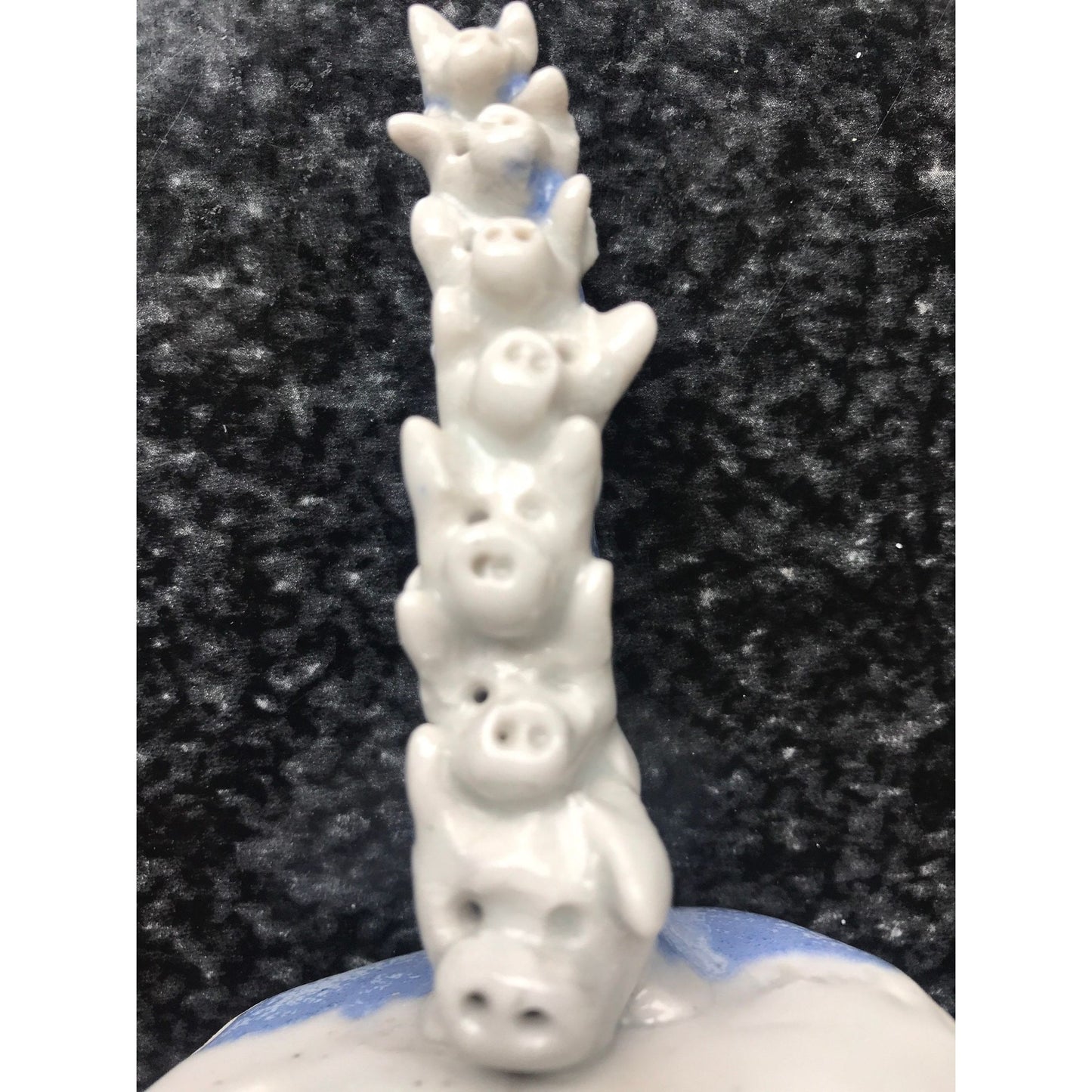 Vintage Pig Handmade Ceramic Sculpture Titled "7-UP" 7 Pigs Graduated On Top Off Each Other