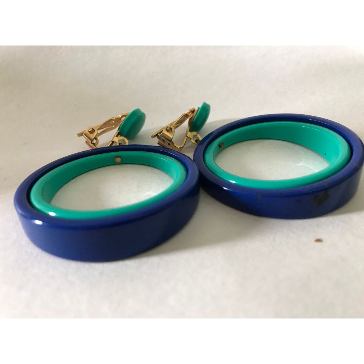 Vtg 1960's Mod Dangle Drop 2 Concentric Circles Clip On Earrings Deep Blue Turquoise Geometric