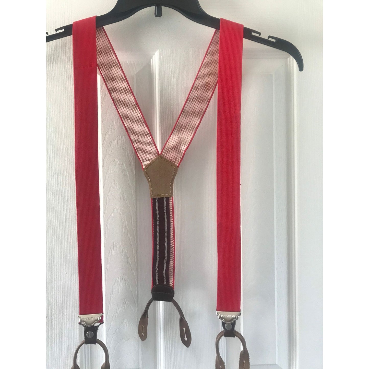 Vintage Very Rare President Co. POLICE Red Button On Suspenders Leather Elastic 1940's