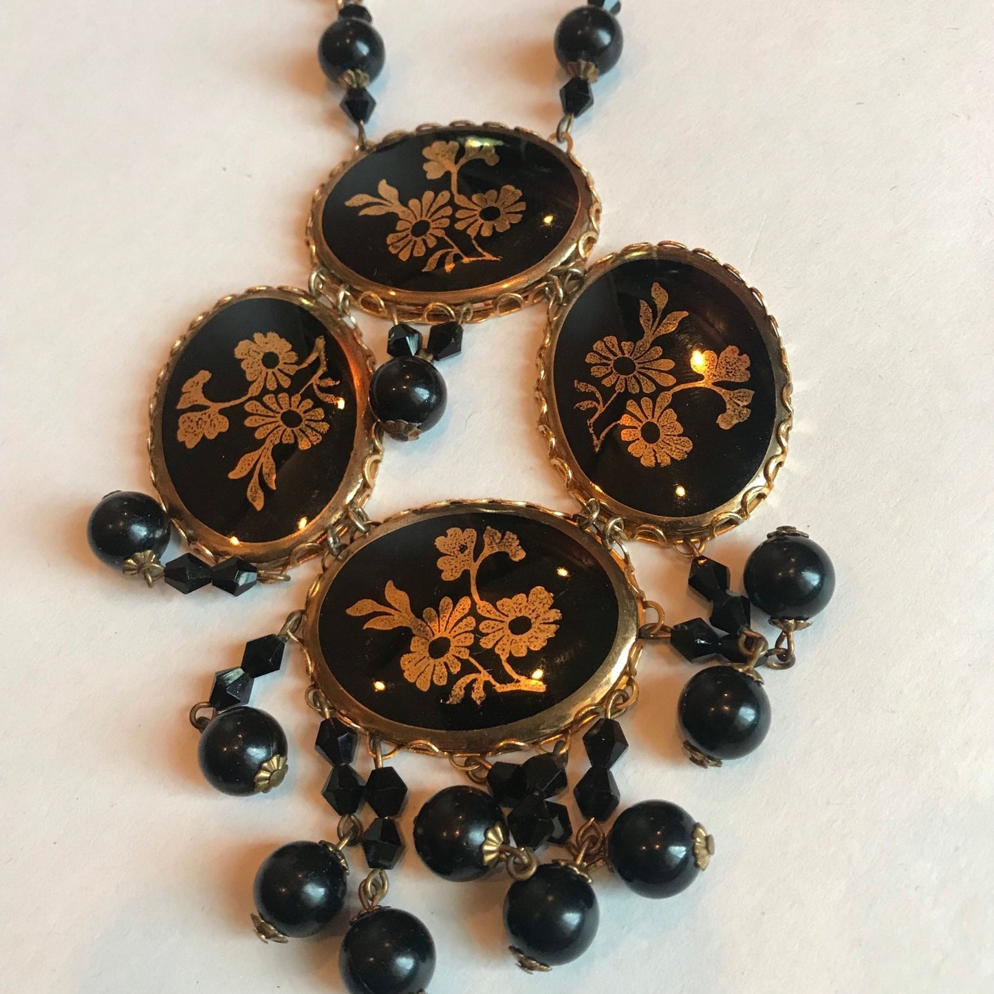 Art Deco Four Black Gold Tone Enamel Cabochons Floral Etched Elaborate Necklace Black Beads