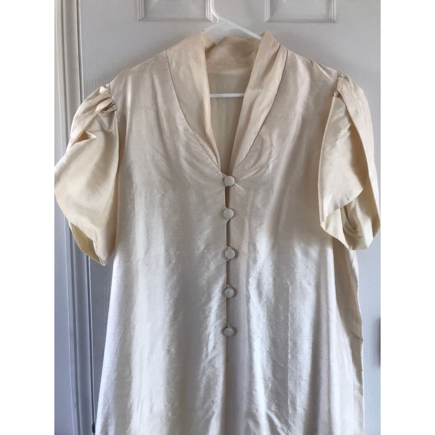 Vtg Tulip 1980’s Women’s Formal Mother Of The Bride Dress Raw Silk Handmade Ivory Front Button Closure L