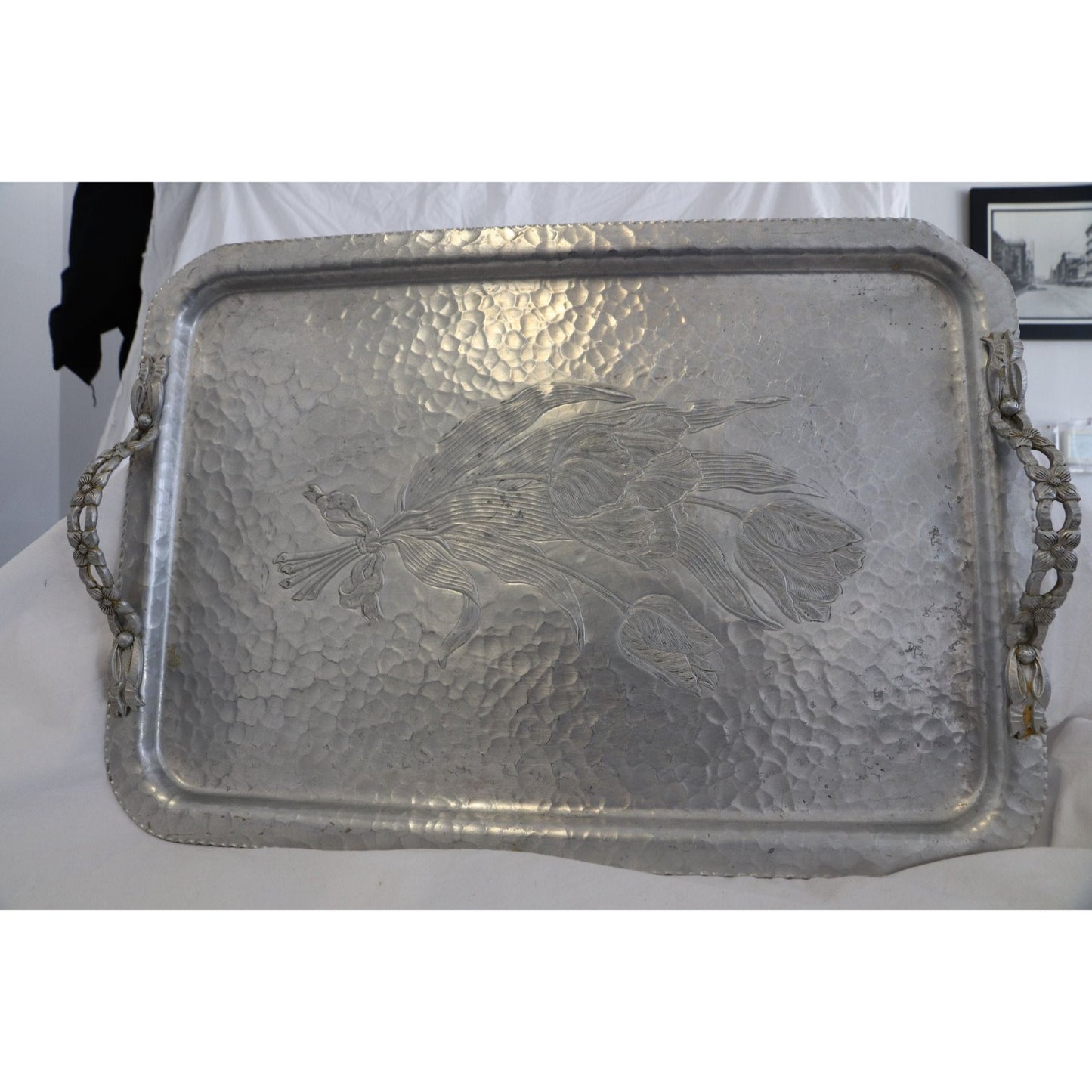 Vtg Hand Wrought Creation By Rodney Kent Aluminum Serving Tray Floral Design