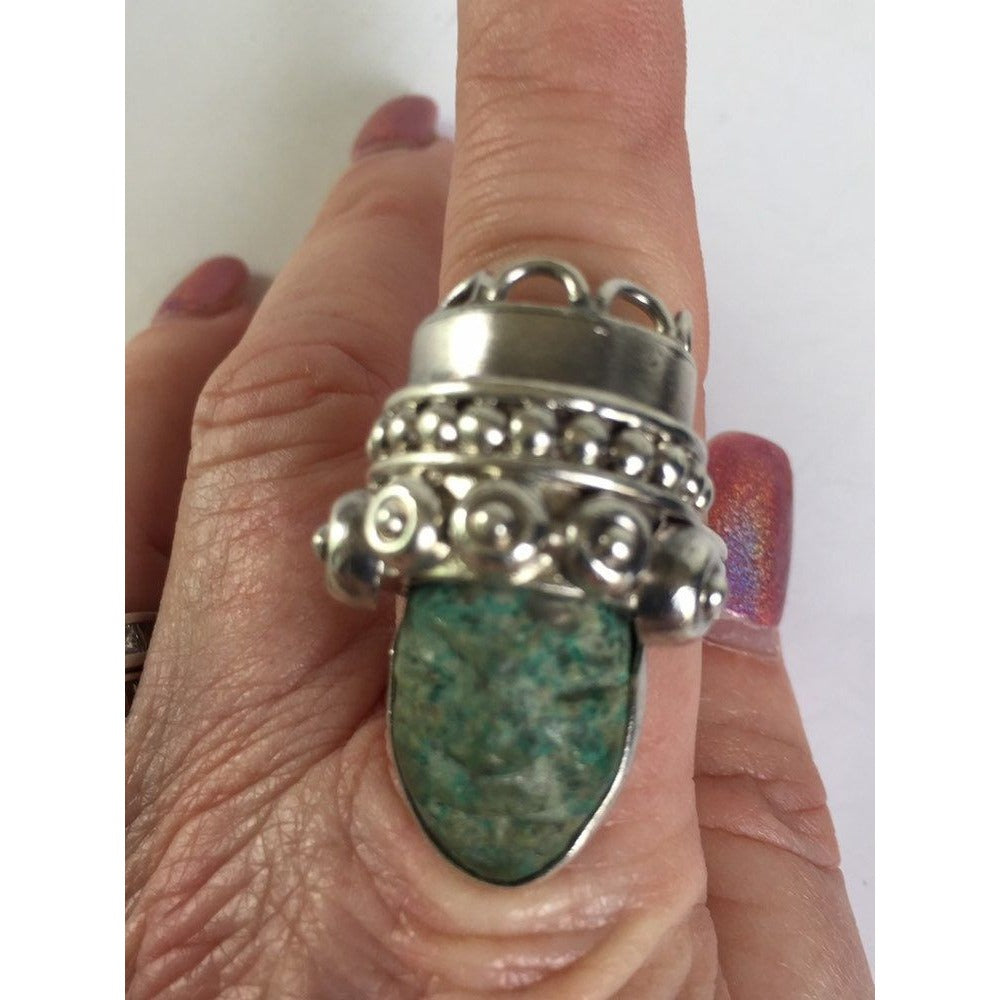 Vtg 1960's Aztec - Maya Warrior Ring Carved Turquoise Head Sterling Silver 925 Taxco Mexico Size 6