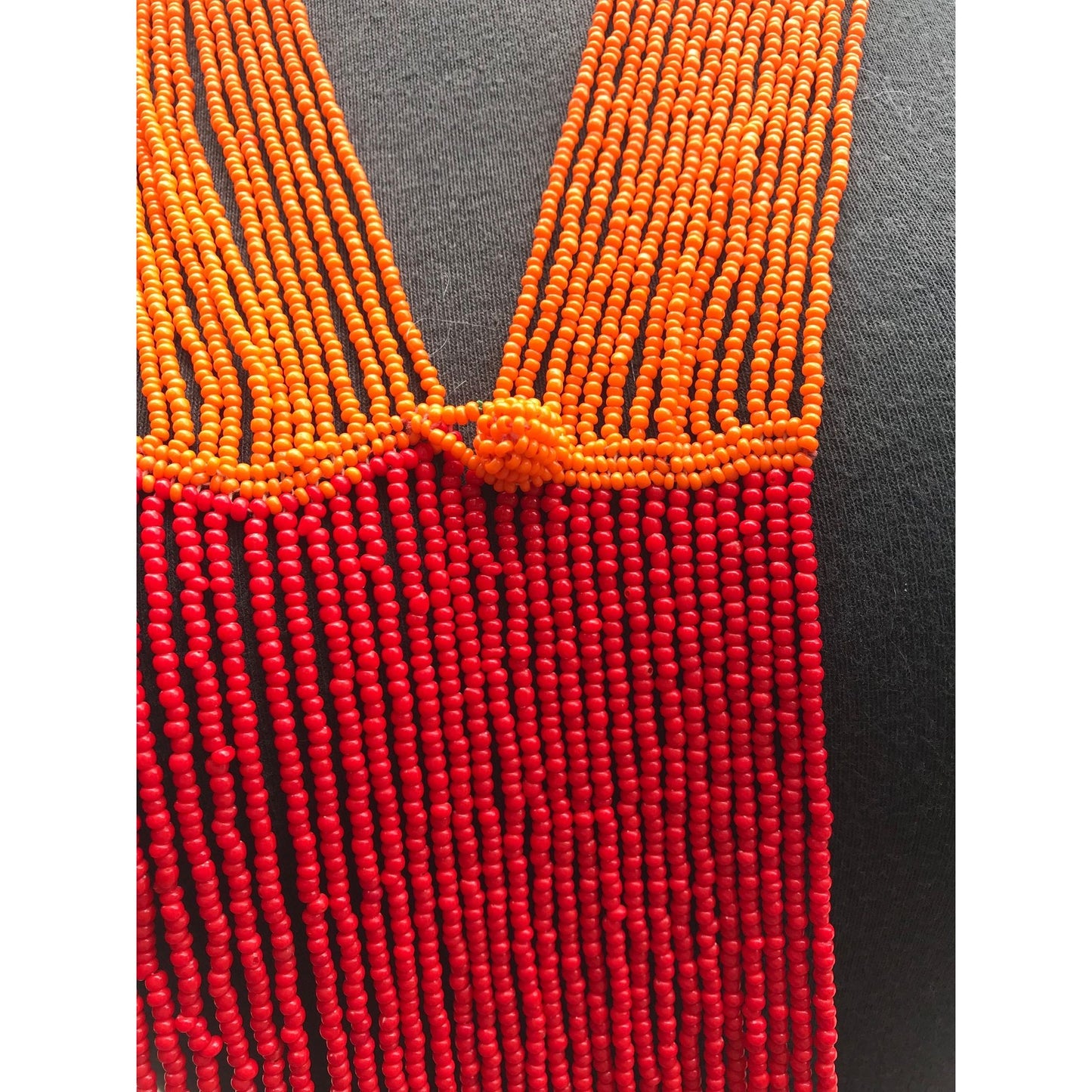 Vtg 1960's Seed Beaded Shawl With Beaded Button & Loop Orange Red Yellow African Maasai Tiny Seed Beadwork 82" x 2"