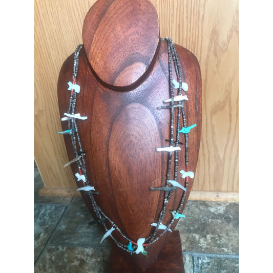 Vtg Zuni Fetish 3 Strand Necklace Native American Hand Carved Turquoise Various 25 Animals & Stones