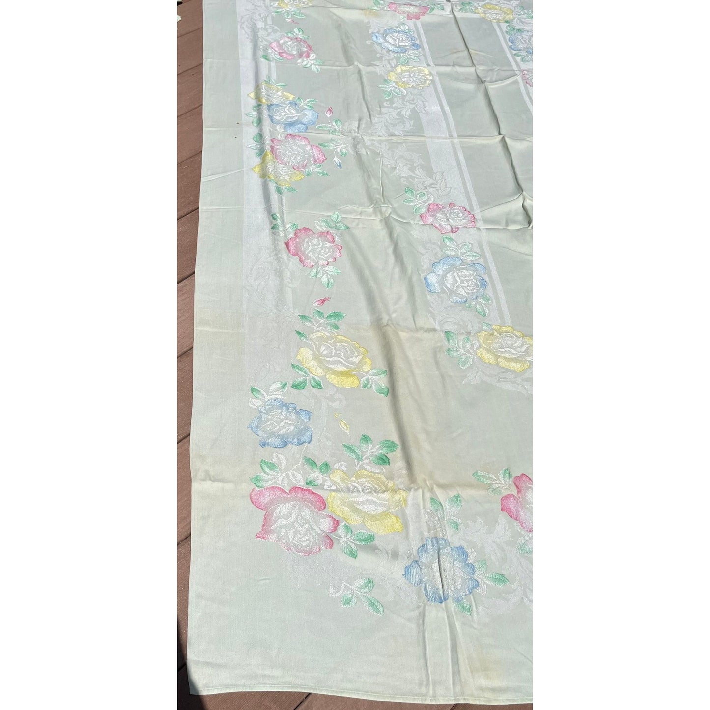 Antique Double Damask Silk Brocade Linen Tablecloth Sea Foam Green Floral Pattern In Pink Blue Yellow Green 54" x 94" + 12 Napkins Handmade