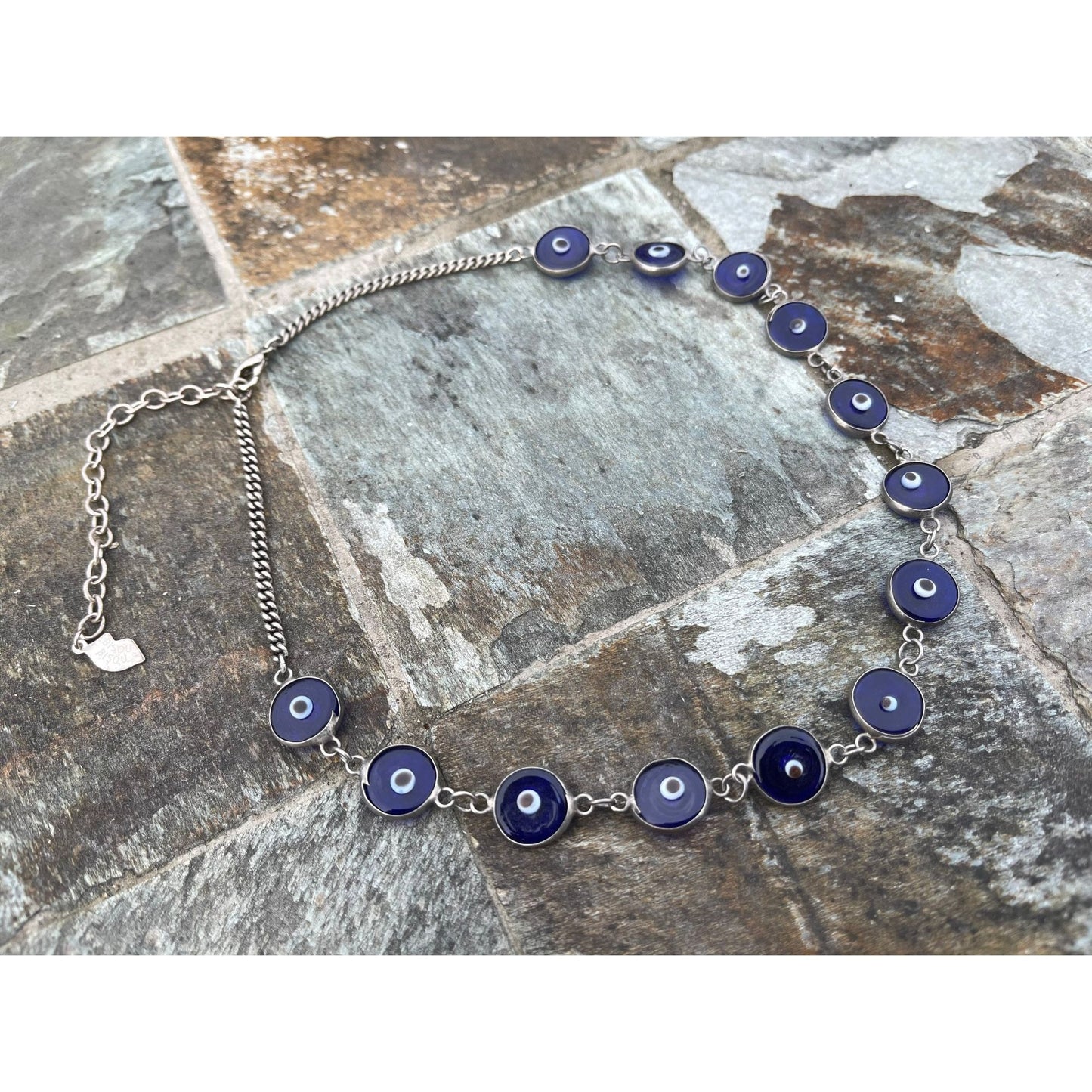 Vtg Bisou Bisou Glass Bead Evil Eye Necklace 18″ Adjustable Length 13 Beads Silver Tone Bisou Bisou Tag