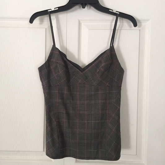 Vtg Donna Karan DKNY Spaghetti Strap Plaid Gray Red Fitted Women's Blouse Top Size 4